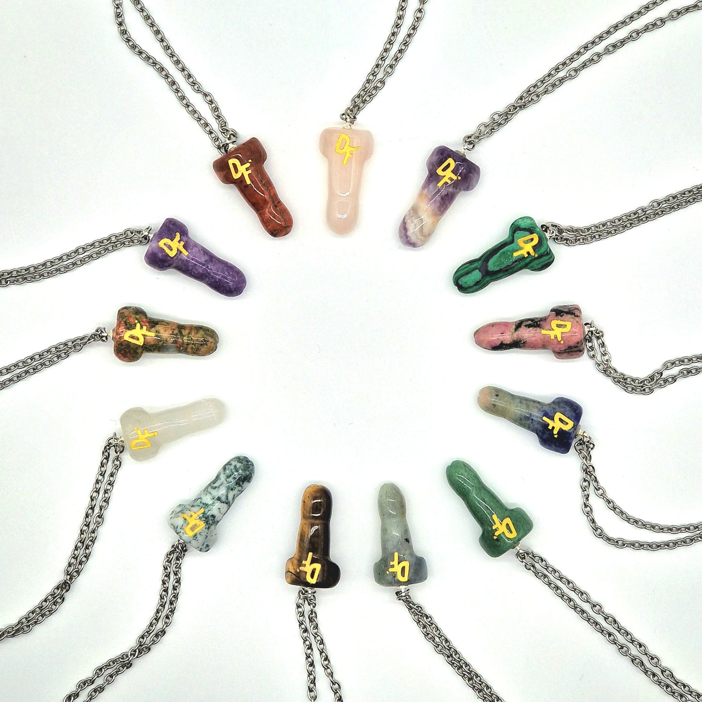 Necklace of semi-precious stone unakite. The crystal is shaped like a dick or penis