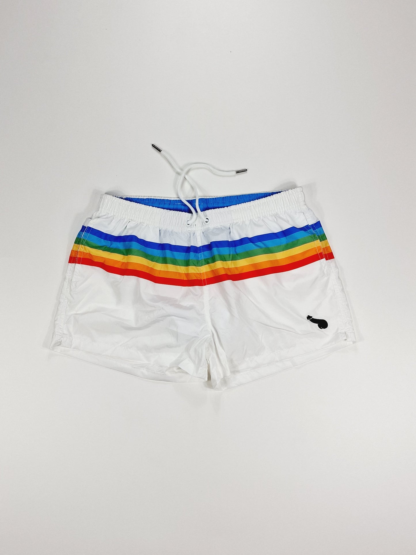 Swim shorts or swimming trunks, white with rainbow colors