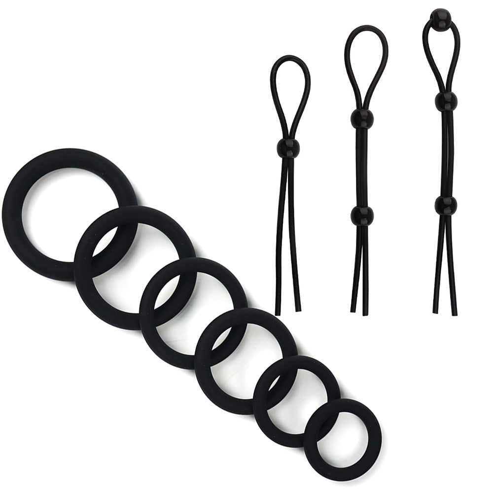 Kukring, pubisring eller penisring set med 6 ringar och cock straps i mycket mjuk silikon.