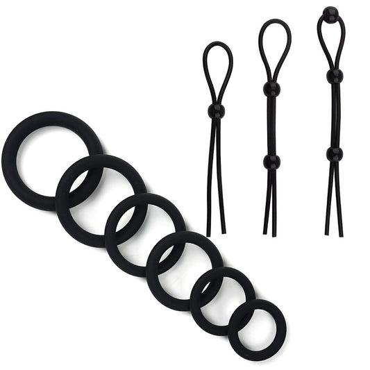 Kukring, pubisring eller penisring set med 6 ringar och cock straps i mycket mjuk silikon.