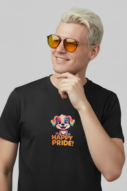 T-shirt med tryck, HAPPY PRIDE! Med hundvalp.