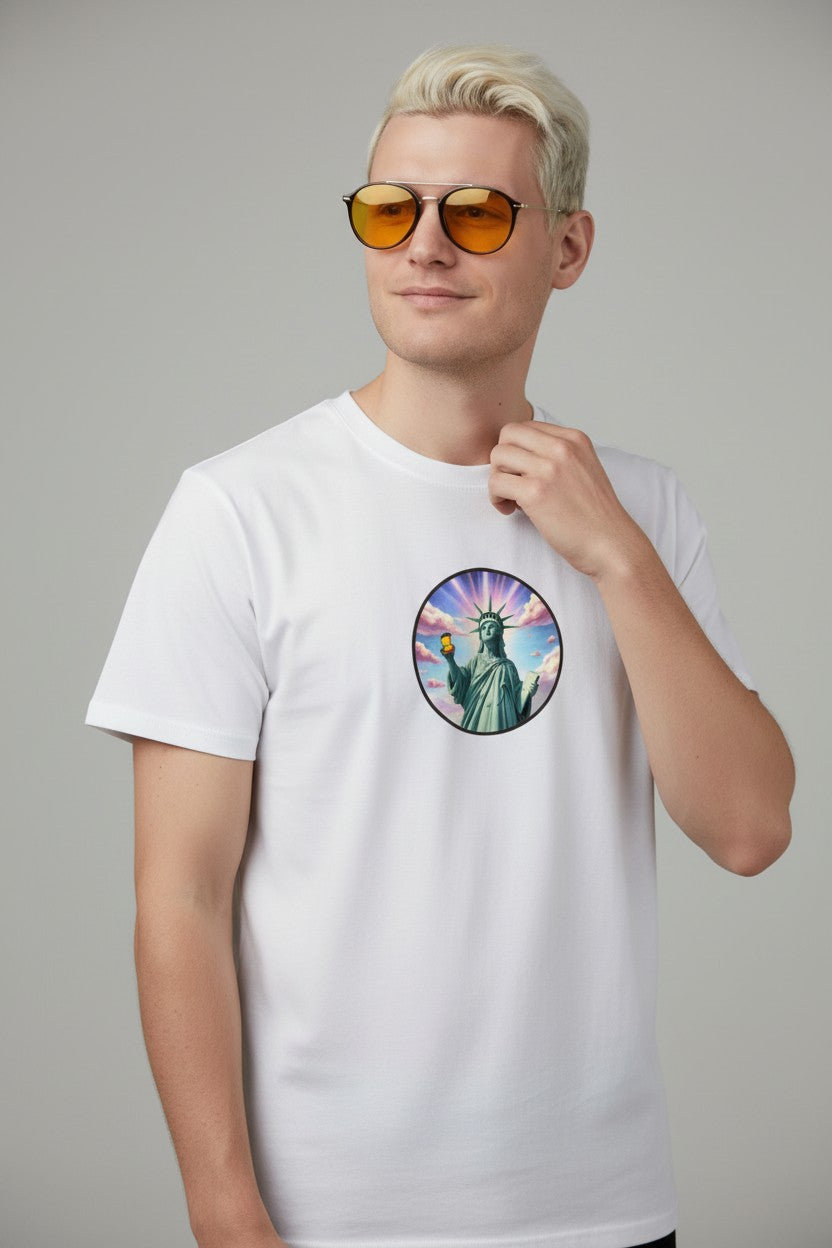 T-shirt med tryck, frihetsgudinnan och poppers
