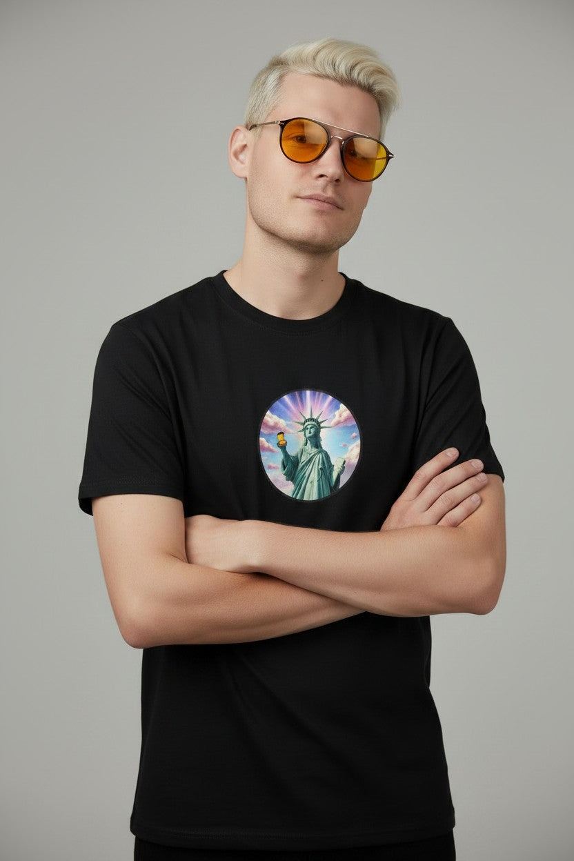T-shirt med tryck, frihetsgudinnan och poppers