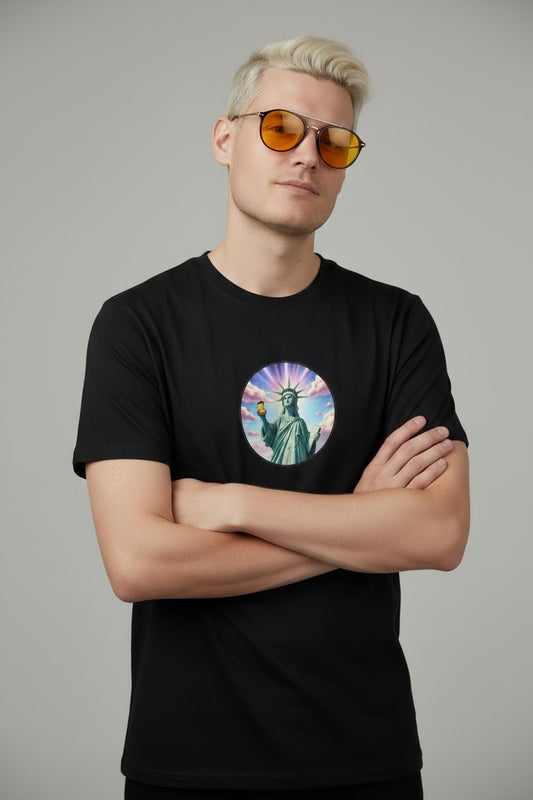 T-shirt med tryck, frihetsgudinnan och poppers