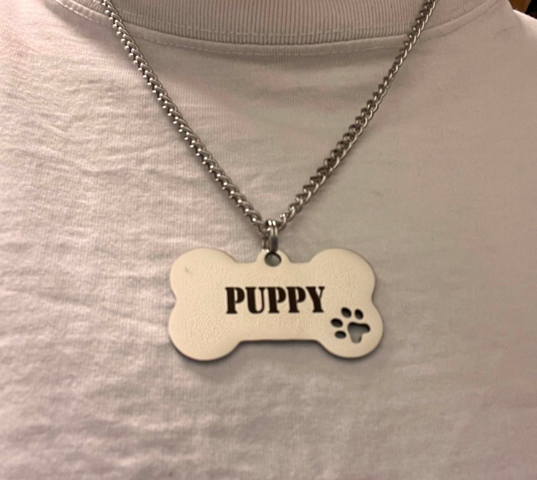 Halsband tjock kedja, gay puppy ben med texten GOOD BOY, WOOF eller PUPPY med tung kedja