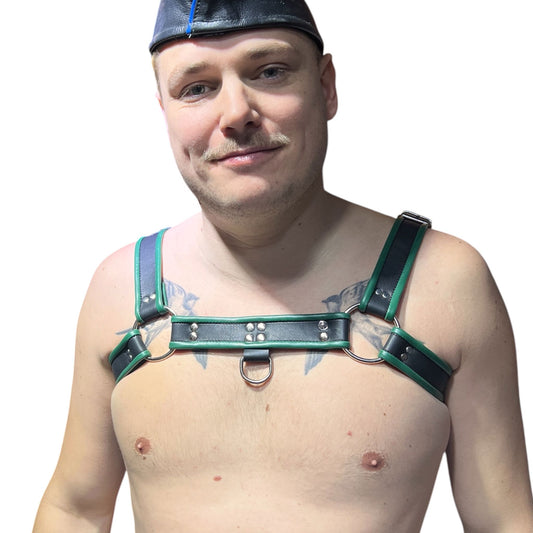 Harness i svart och grönt äkta läder, typ bulldog