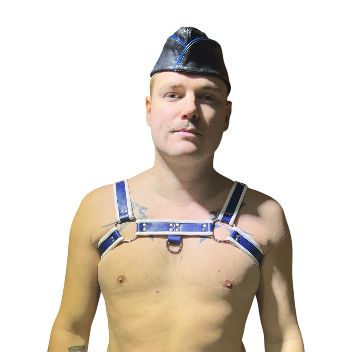 Harness i blått och vitt äkta läder, typ bulldog