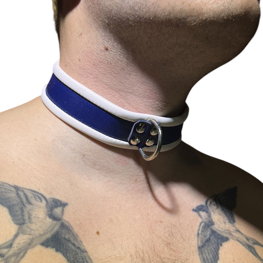 Collar eller choker i blå och vitt äkta läder