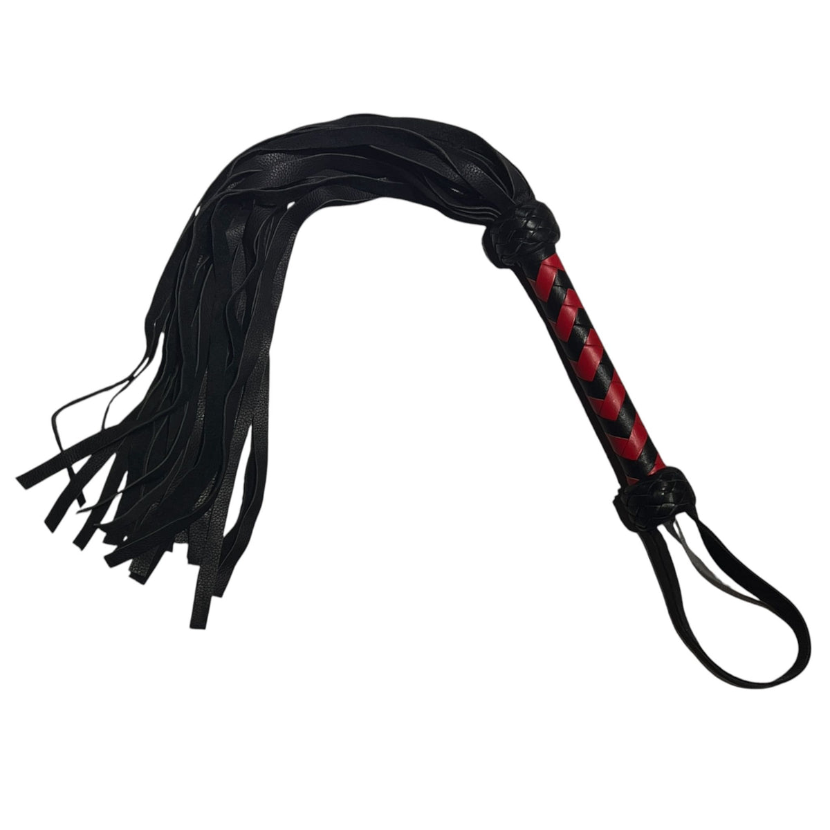 Flogger i äkta läder i rött med svarta inslag, en elegant, tung och hållbar piska