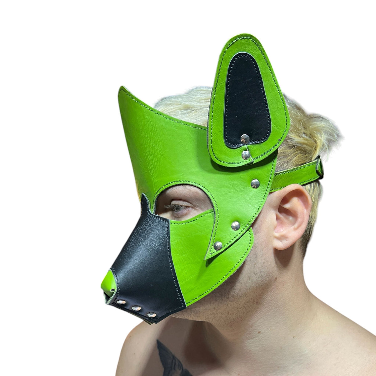 Puppyplay Hood eller hund mask i grönt läder
