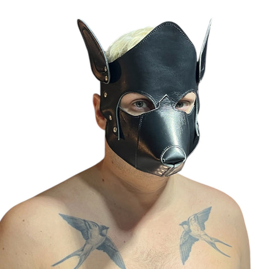Puppyplay Hood eller hund mask i svart läder