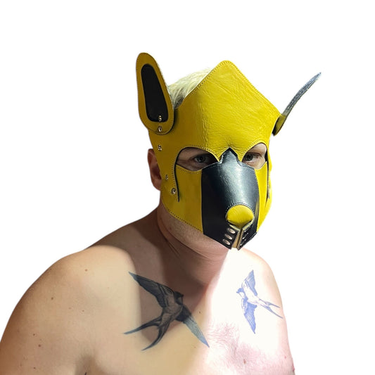 Puppyplay Hood eller hund mask i gult läder