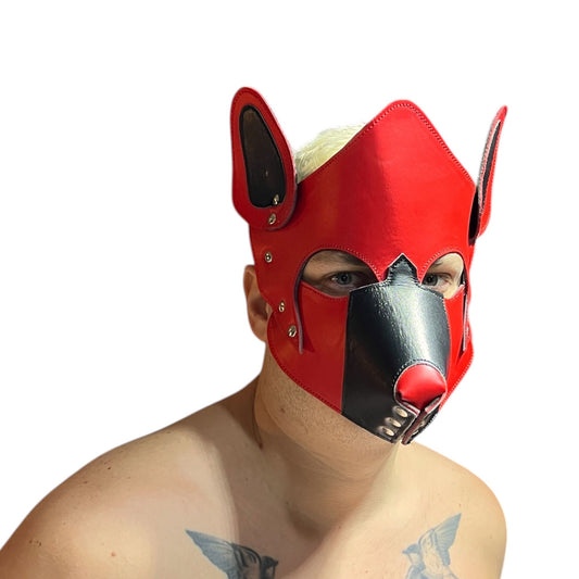 Puppyplay Hood eller hund mask i rött läder