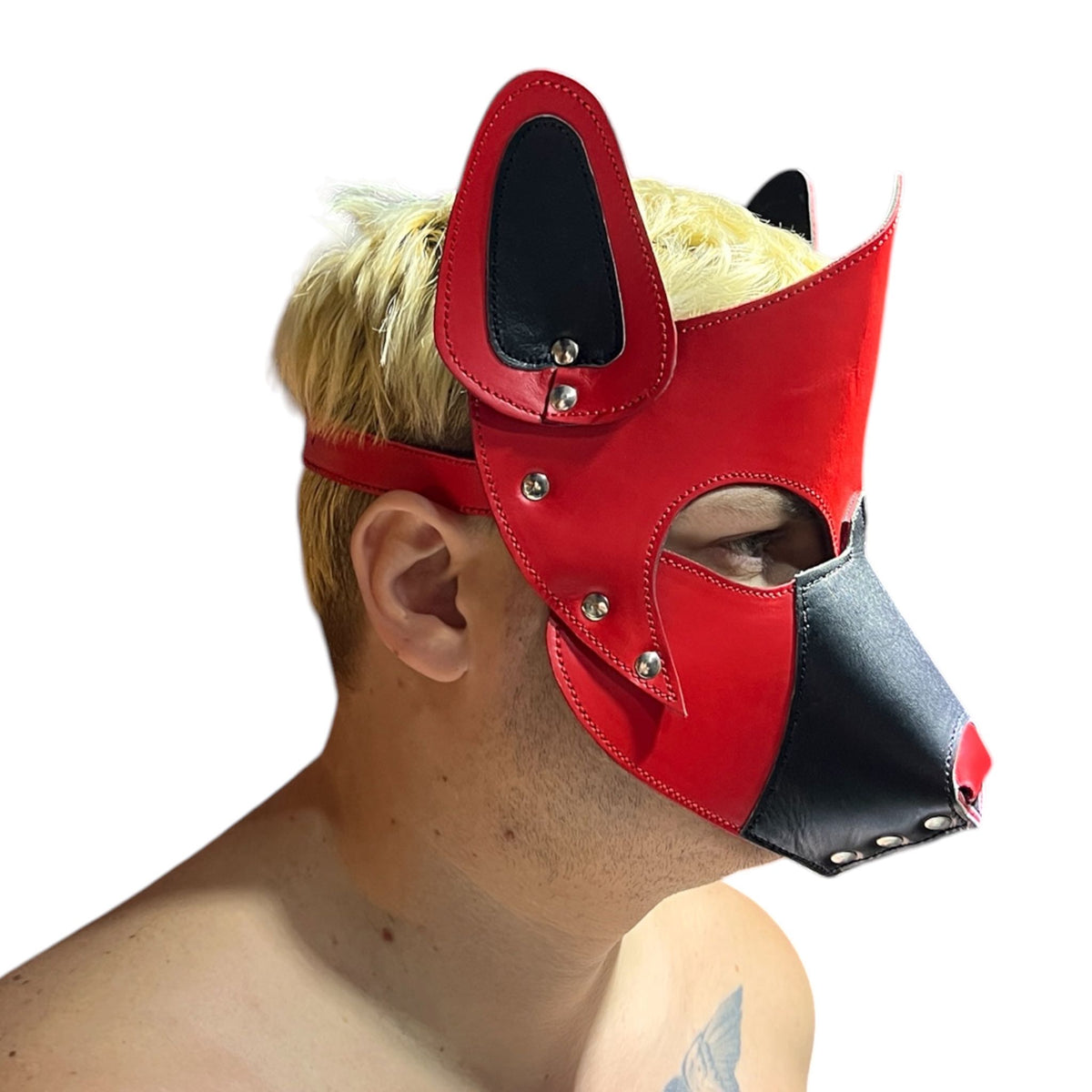 Puppyplay Hood eller hund mask i rött läder