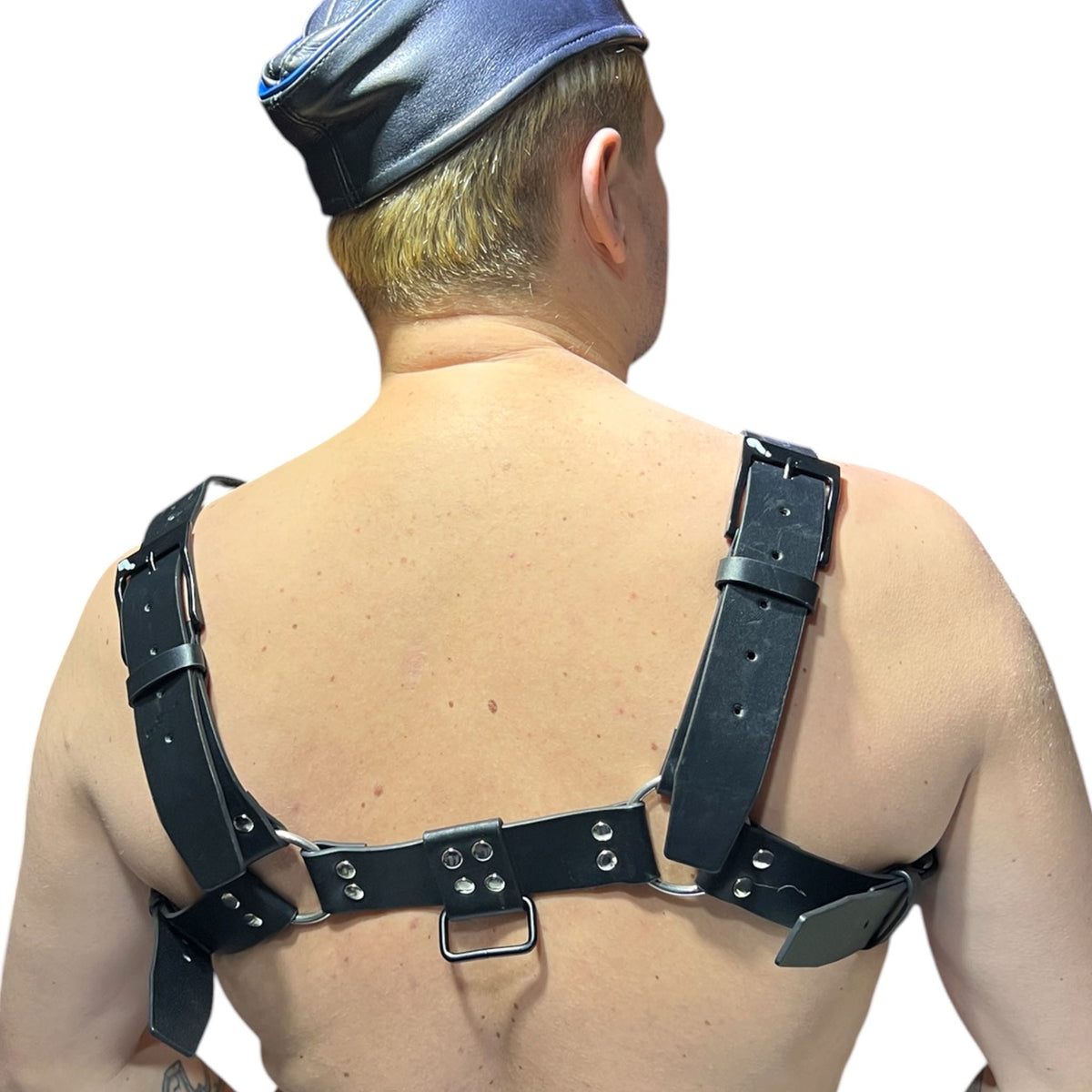Harness i svart äkta läder med svarta nitar, typ bulldog
