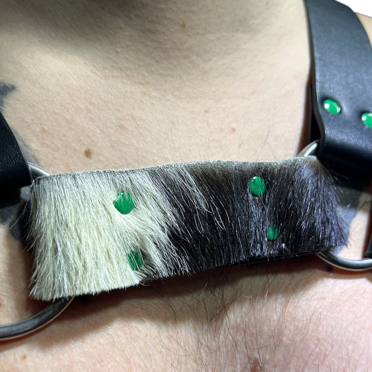 Harness i svart äkta läder med koskinn och gröna nitar, typ bulldog