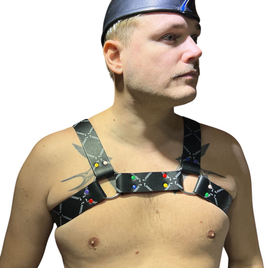 Harness i svart äkta läder med grått mönster, typ bulldog