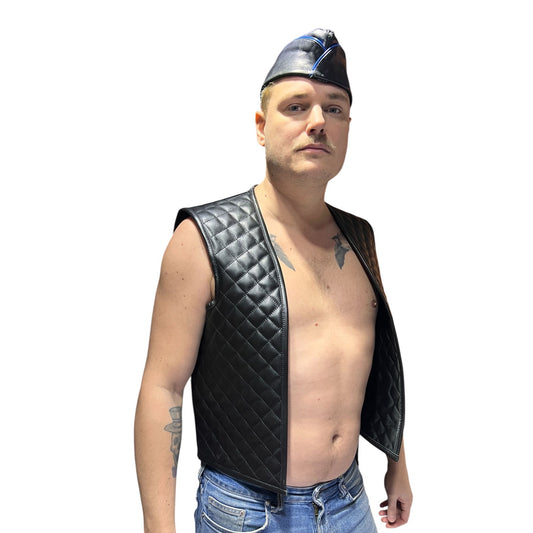 Mens bar vest i äkta läder, svart med quiltad framsida en skinnväst för herr