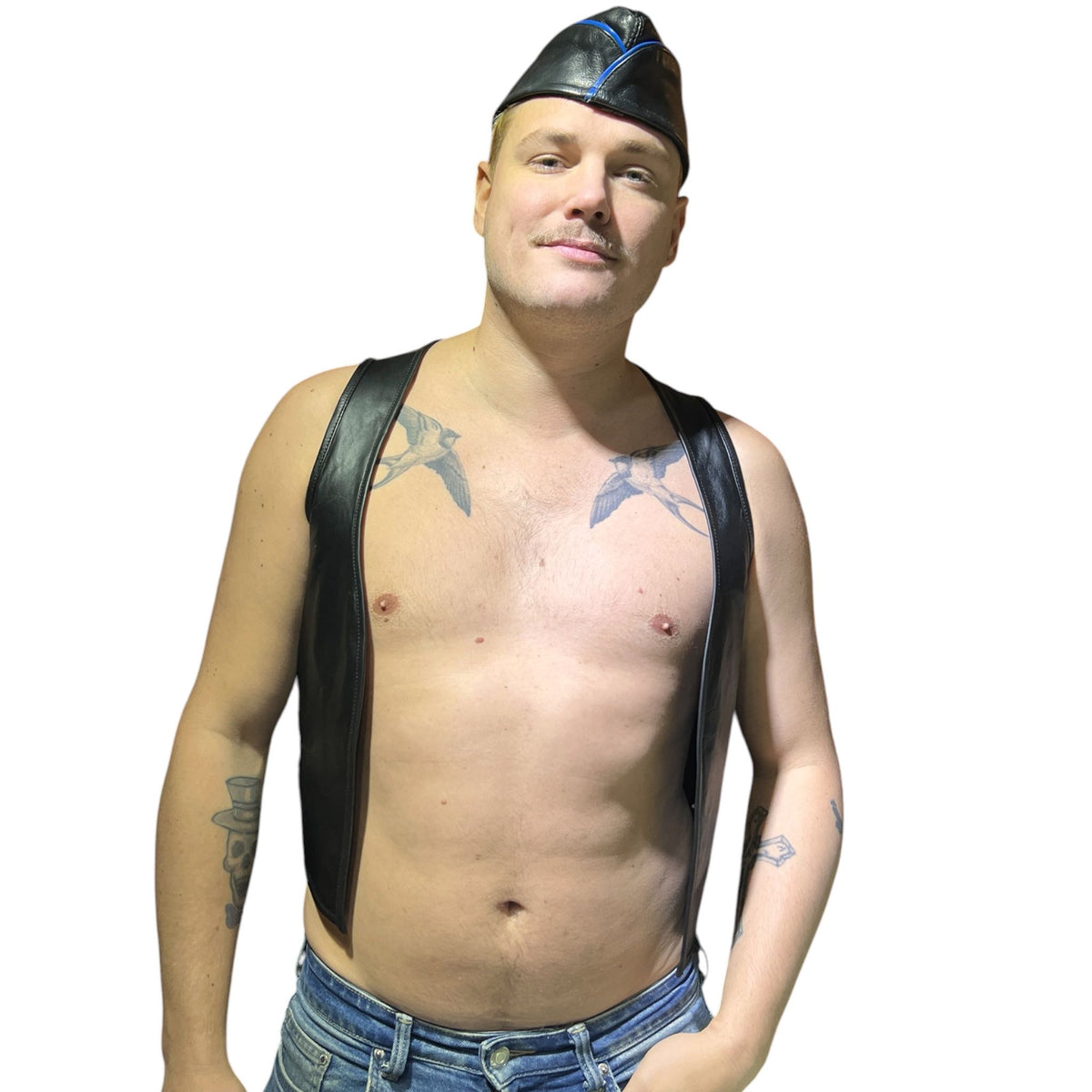Mens bar vest i äkta läder, svart med quiltad rygg en skinnväst för herr