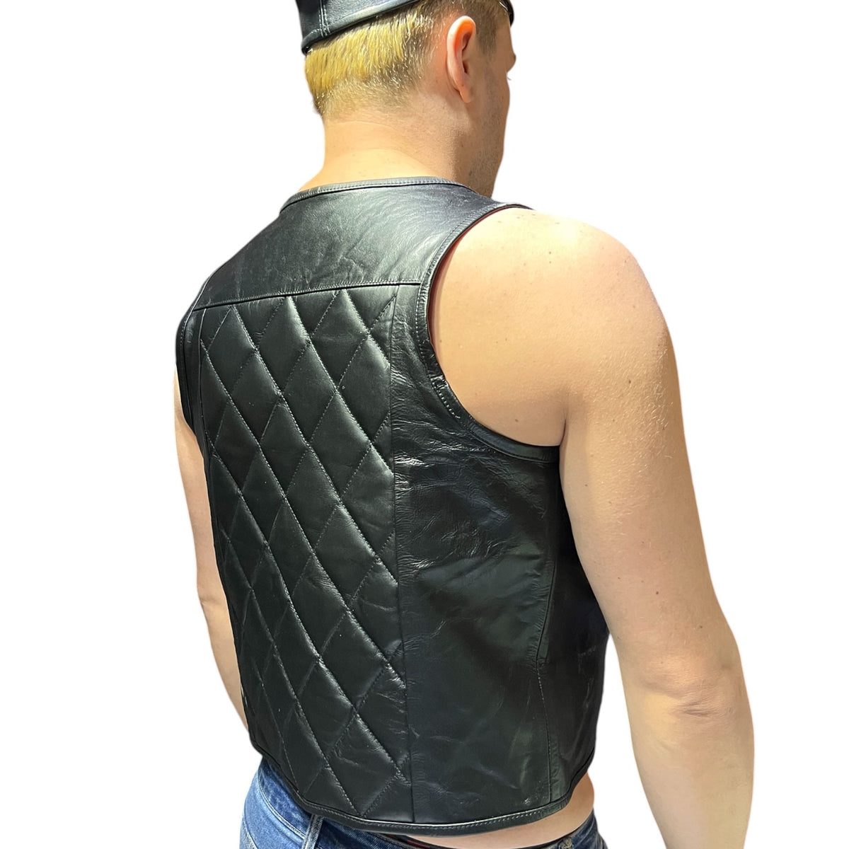 Mens bar vest i äkta läder, svart med quiltad rygg en skinnväst för herr