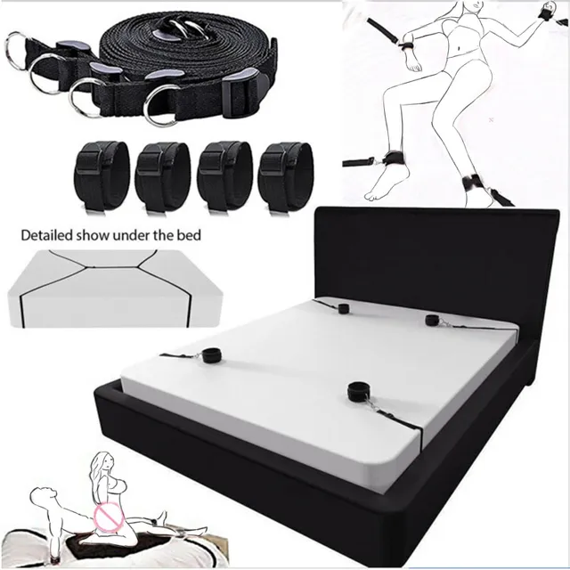 Fesselset fürs Bett. Im Lieferumfang sind Gurte zur Befestigung unter dem Bett sowie Hand- und Fußfesseln enthalten.