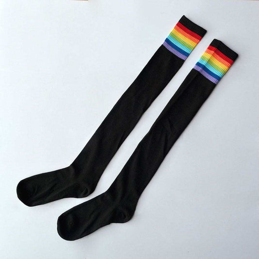 High socks, black rainbow colored.