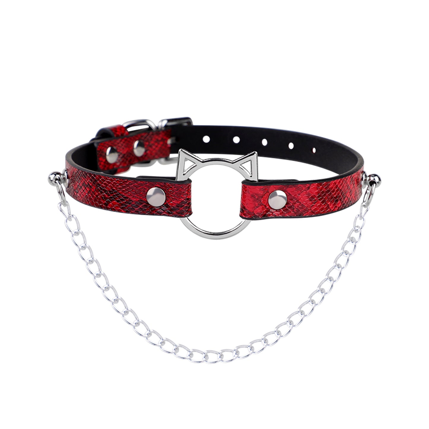 Röd chocker eller halsband med katthuvud och kedja