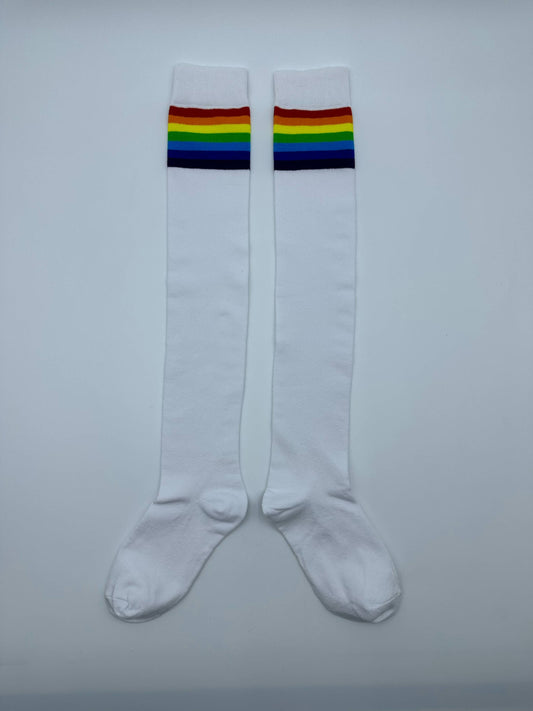 High socks, white rainbow colored pride socks.
