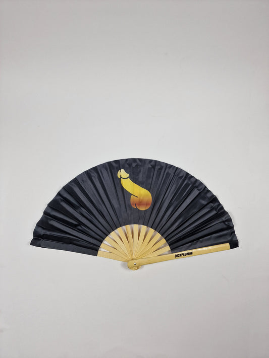 Lustiger und anderer Fächer, 60 cm (aufgeklappt) mit Bambusrippen, schwarz mit goldenem Schwanz