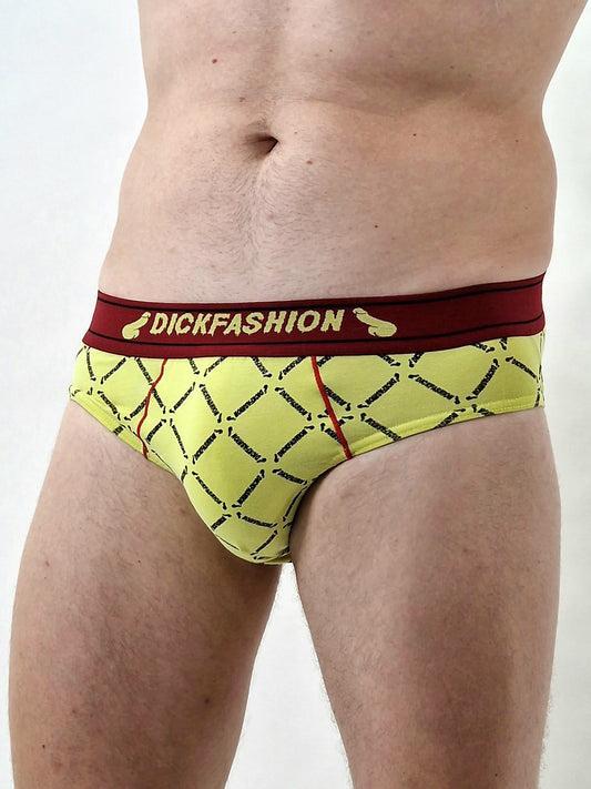 Yellow red briefs men's underpants, inspired by Rush poppers