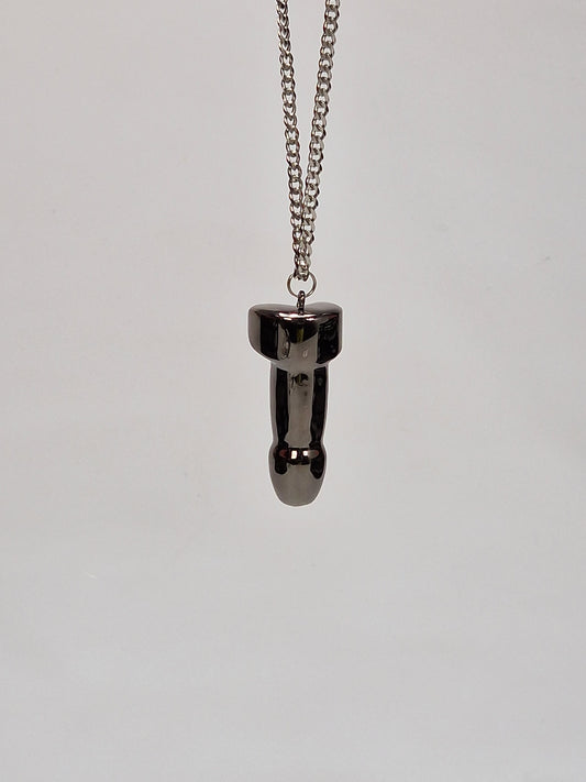 Unique and beautiful necklace for men or women in black steel with a pendant shaped like a 5 cm cock
