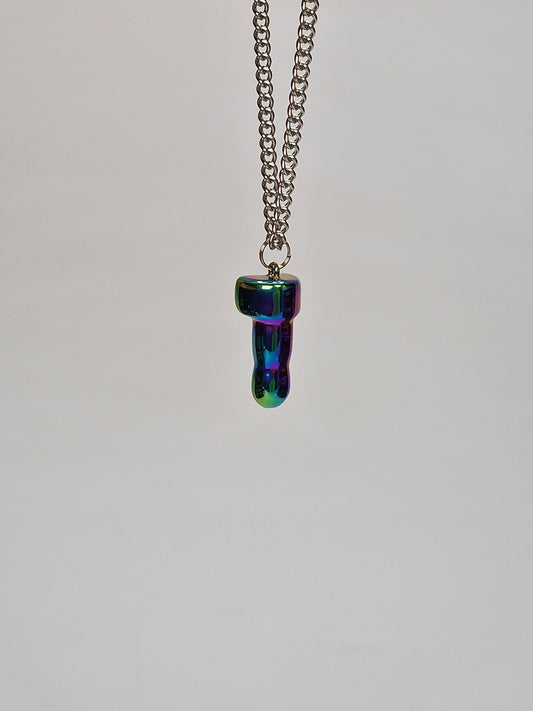 Exciting and unique men's or women's necklace in multicolor or rainbow colored metal - a pendant or piece of jewelry in the form of a 2.5 cm dick