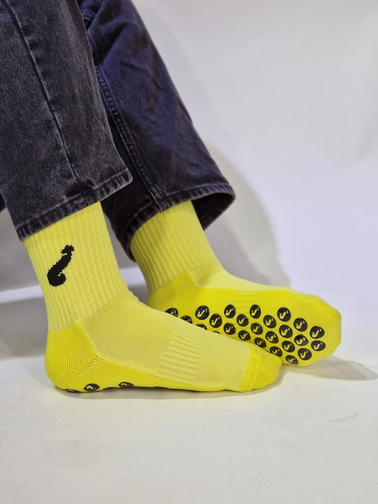 Crew socks. Yellow/black sports socks with anti-slip and embroidered dick