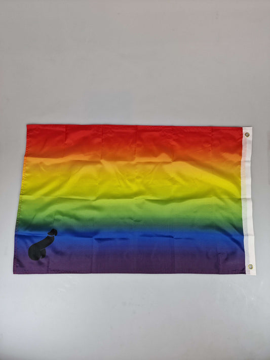 Entdecken Sie die einzigartige und lustige Regenbogenflagge oder Pride-Flagge von Dickfashion. Es gibt sie in verschiedenen Größen, diese hier ist 60 x 90 cm groß