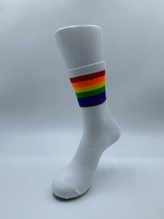 Crew socks in pride colors, white rainbow colored crew socks