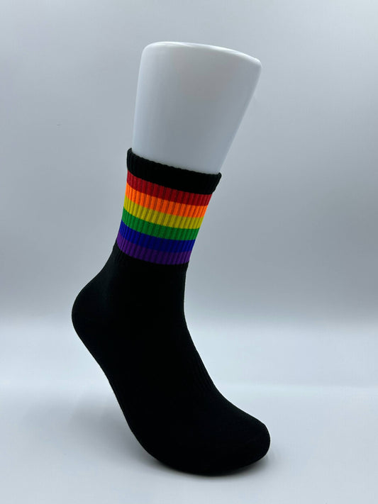 Socks, black rainbow colored.