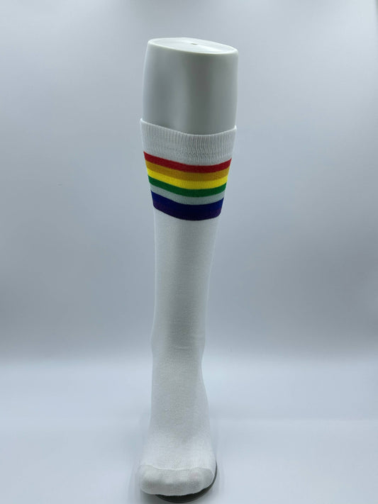 Knee high socks, white rainbow colored pride socks.