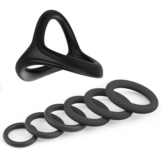 Kukring, pubisring eller penisring set med 6 ringar och en tripple cage i mycket mjuk silikon.