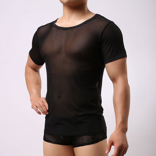 Semi-transparent black mesh shirt.