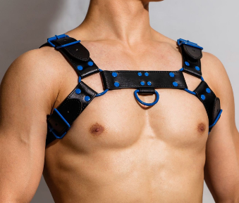 Bulldog harness made of vegan leather, black/blue