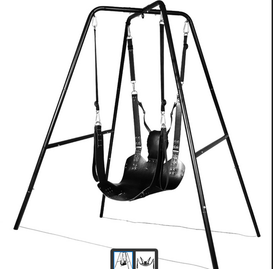 Stabil och mobil ställning i metall för en sexgunga, sex sling eller stor bur. Passar även bra för bondagelekar. En hållbar väska ingår