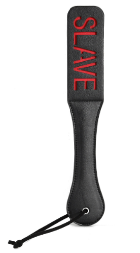 Paddle whip in leather, whipping tool, with the text "slave" cut out
