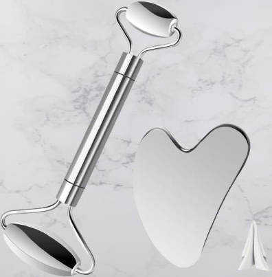 Face rolls and scraper in combi-box. In a stunning stainless metal, nickel free