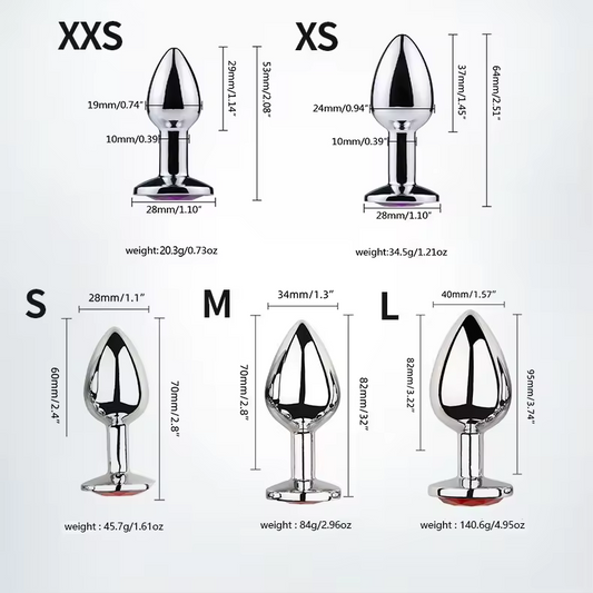 Buttplug i nickelfritt silverfärgat stål med en rund kristall i rosa, lila, blått och transparent färg