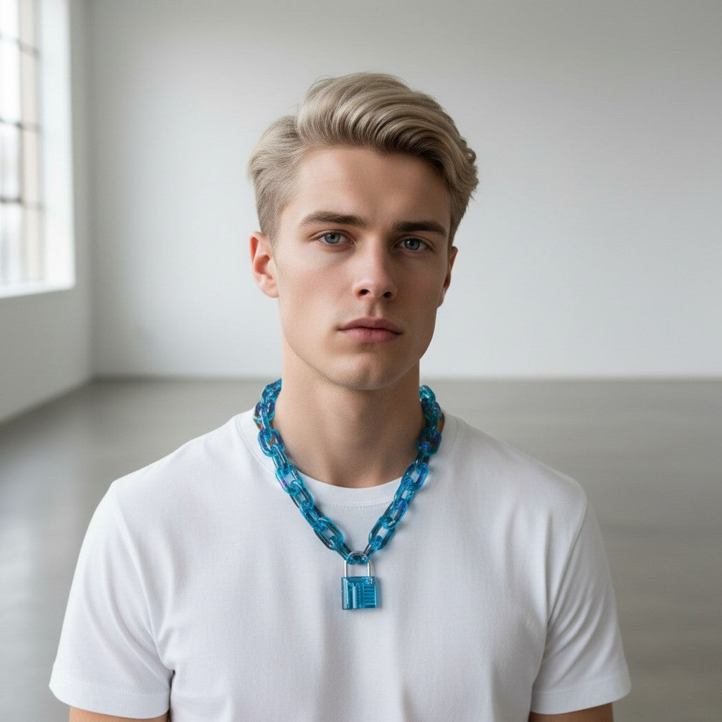 Färgglada, chunky halsband med Kedjor & Hänglås – Blå, Rosa, Vit & Grön