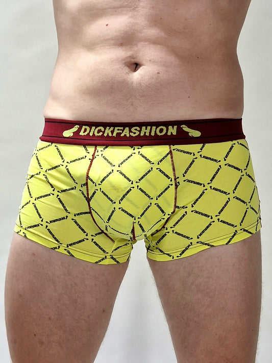 Gelb-rote Unterhosen, Badehosen oder enge Boxershorts, inspiriert von Poppers, Rush