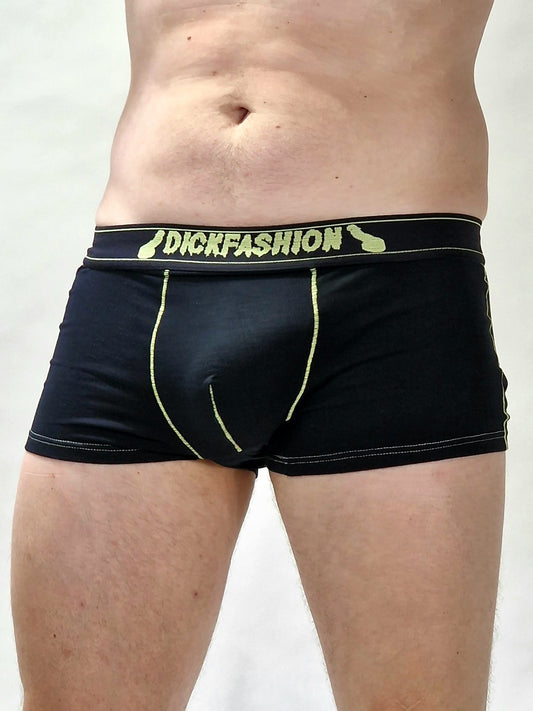 Unterhosen, schwarze Boxershorts oder Badehosen mit gelben Details