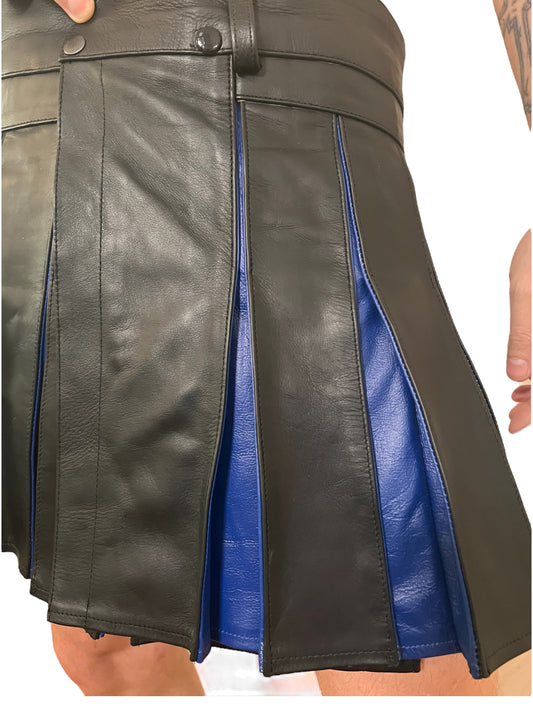 Läder kilt för män i svart och blått äkta skinn, BDSM och gay