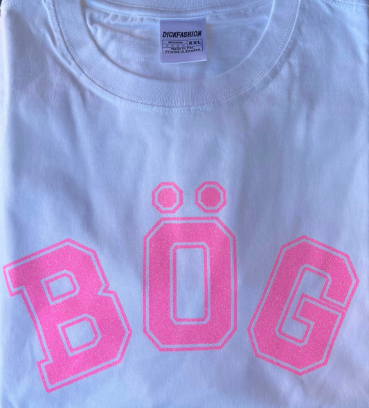 T-shirt med trycket BÖG i rosa glitter på bröstet