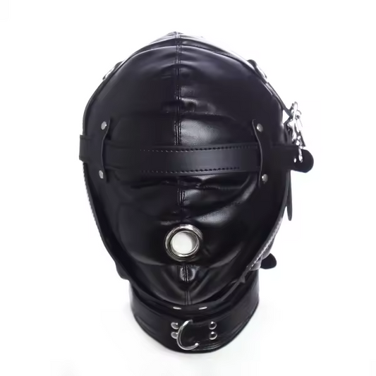 Maske, Gimpmask mit gepolstertem Gehörschutz und abschließbarem Mundverschluss.